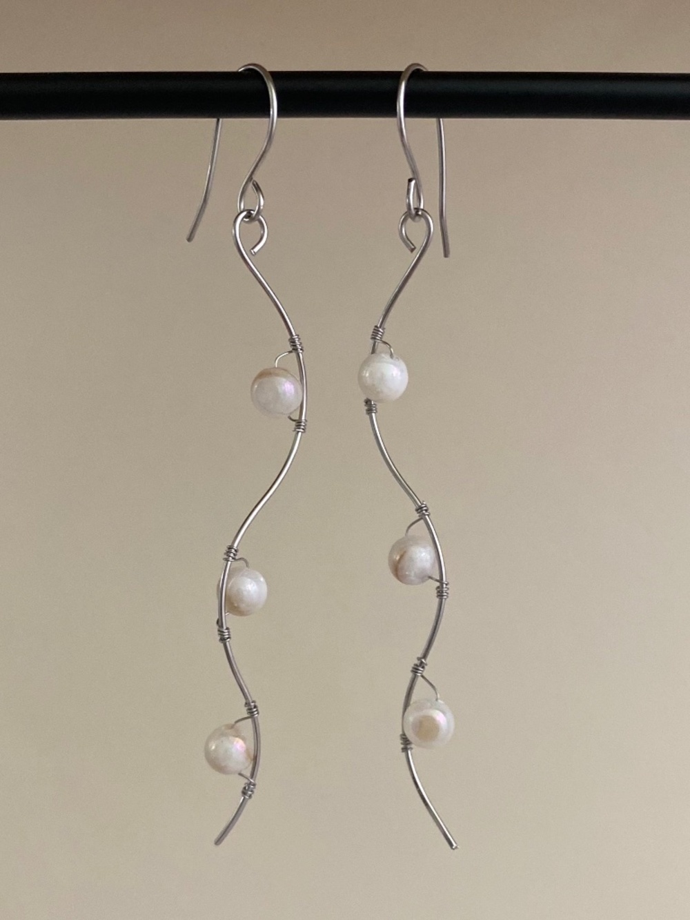 Hand Crafted Wavy Wire Earrings with White Chalcedony